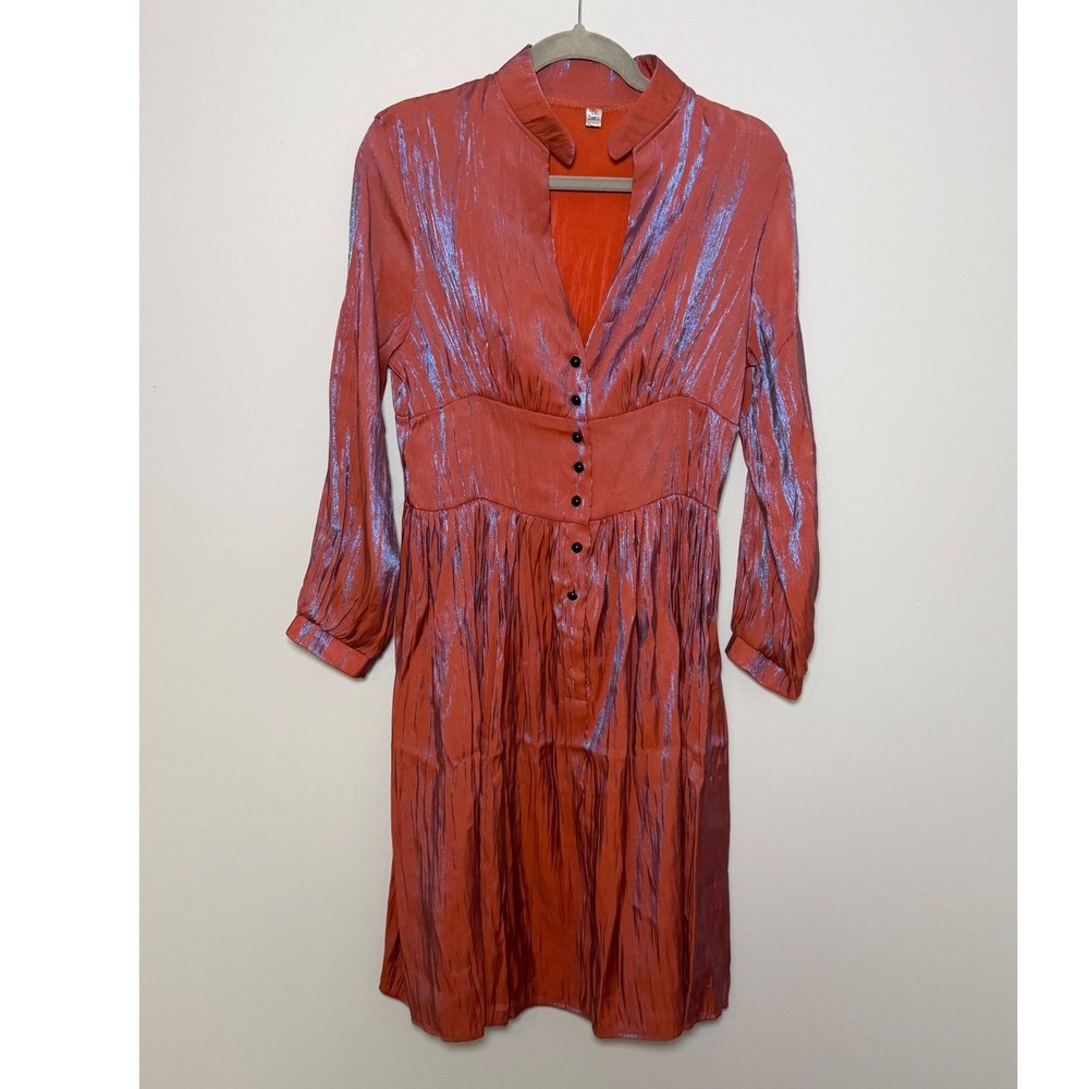 GYK Women's Rust Iridescent Crinkle Dress Deep V Button Front Long Sleeve 2XL